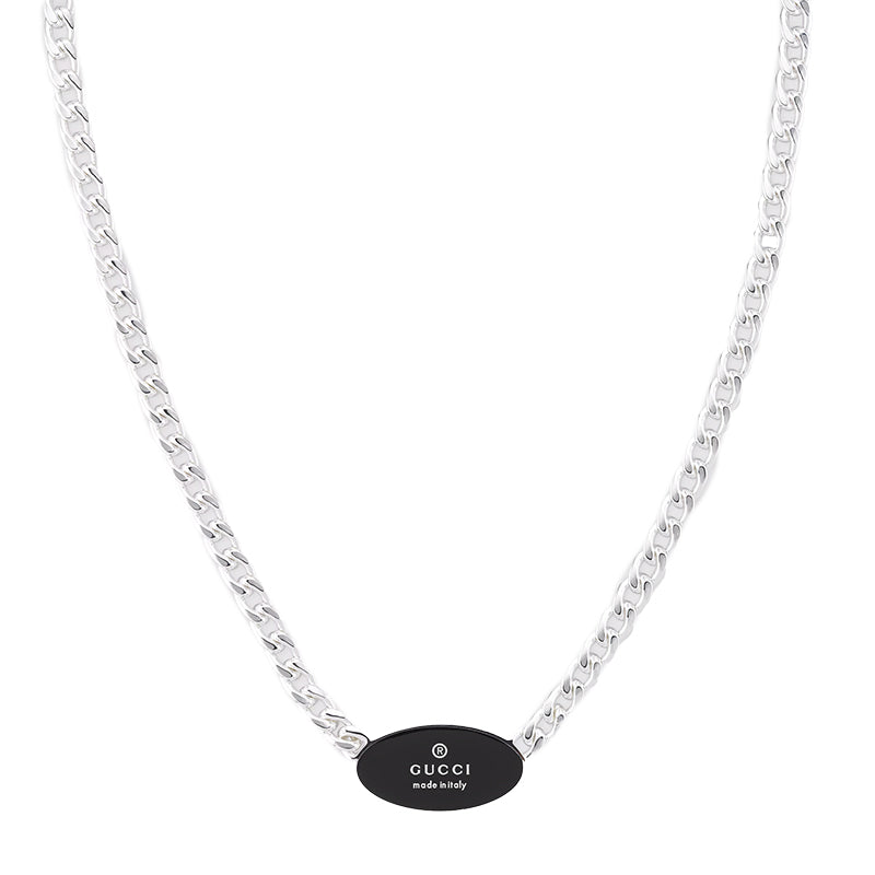 GUCCI TRADEMARK NECKLACE OVAL TAG 45/50CM SILVER&BLACK ENAMEL